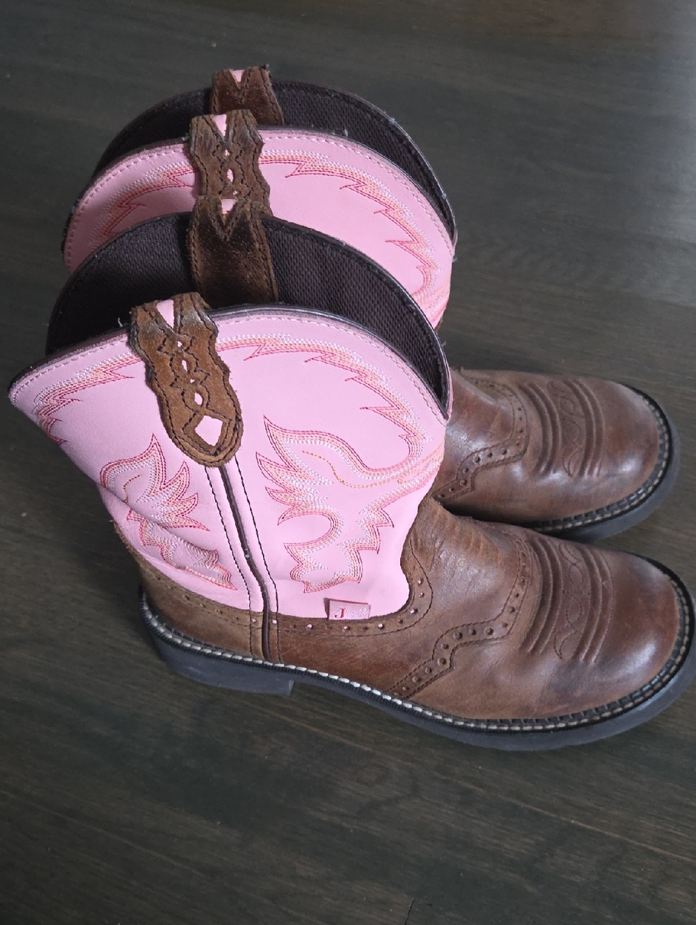 Justin Gypsy Boots Brown Leather Foot and Pink Shaft Women’s Heeled Cowboy Boots
